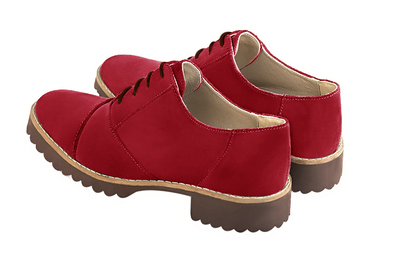 Cardinal red women's casual lace-up shoes. Round toe. Flat rubber soles. Rear view - Florence KOOIJMAN